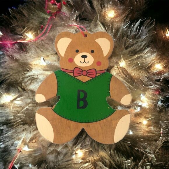 Wood Cut Out Teddy Ornament Bear Vtg 90s Handpainted Rustic Cabincore Farmhouse. - Picture 1 of 16